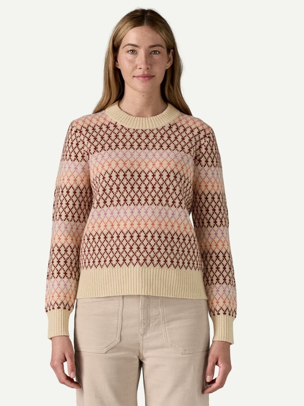 Patagonia Cream Crewneck Sweater with Burgundy, Peach & Lavender Fair Isle